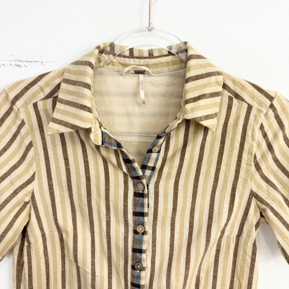 Free People Mixed Plaid & Stripe Button Front Shirt Dress XS